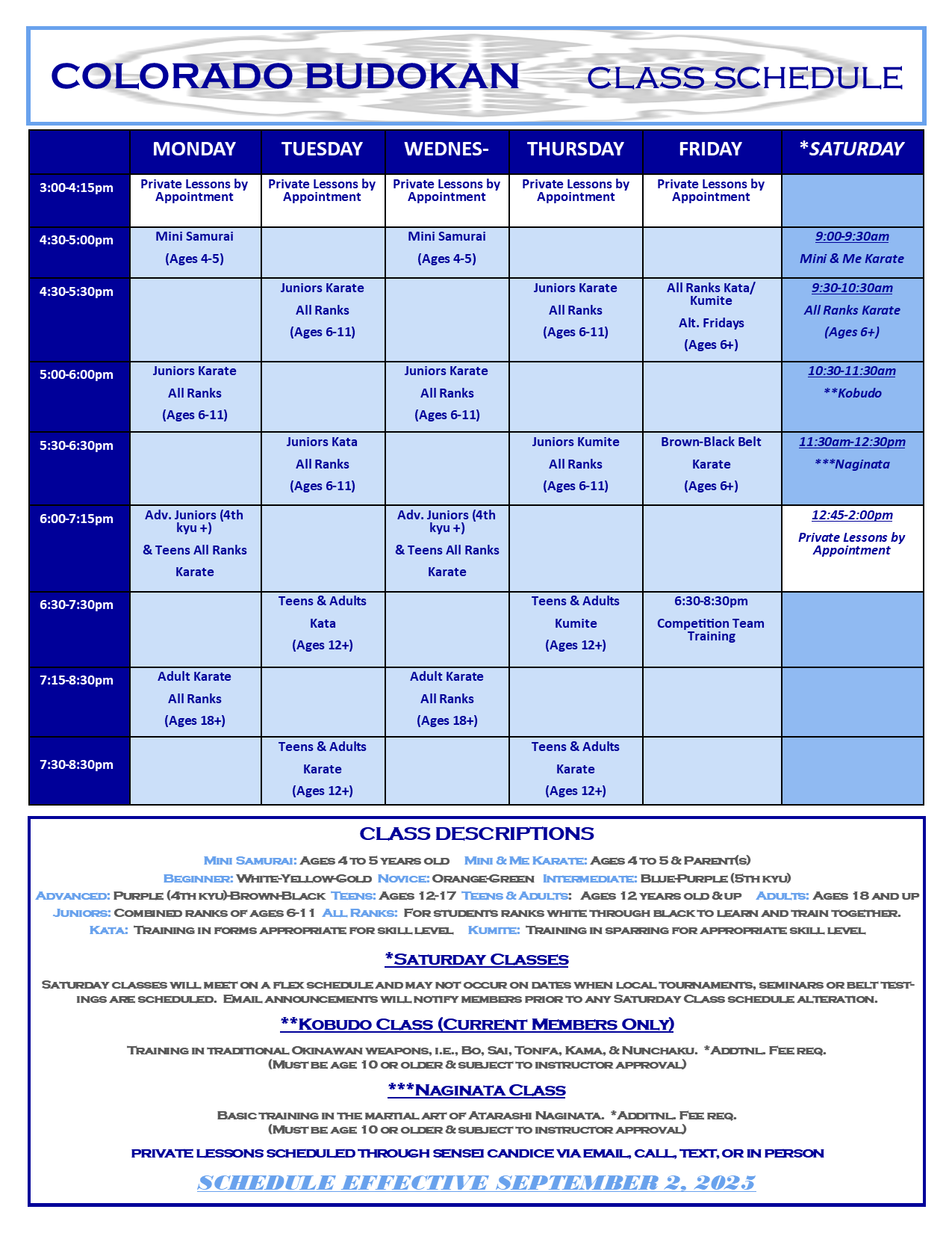 Colorado Budokan Fall 2025 Class Schedule